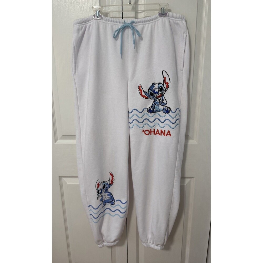 Disney Stitch Womens White Jogger Sweatpants Sz XL Lounge Pants Embroidered